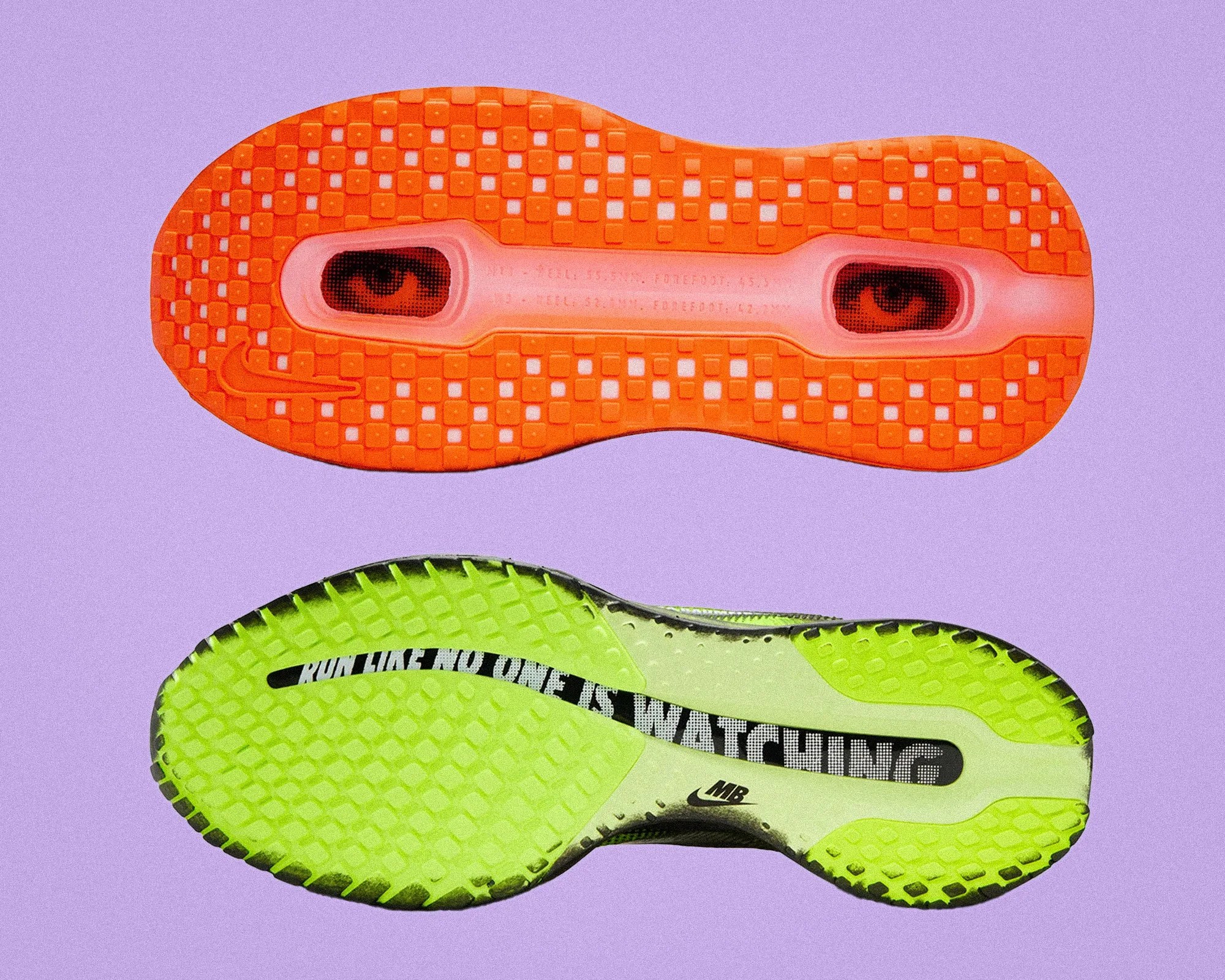 Two shoe soles on a purple background, one orange with eyes visible through cutouts, the other neon green with "RUN LIKE NO ONE IS WATCHING" text.