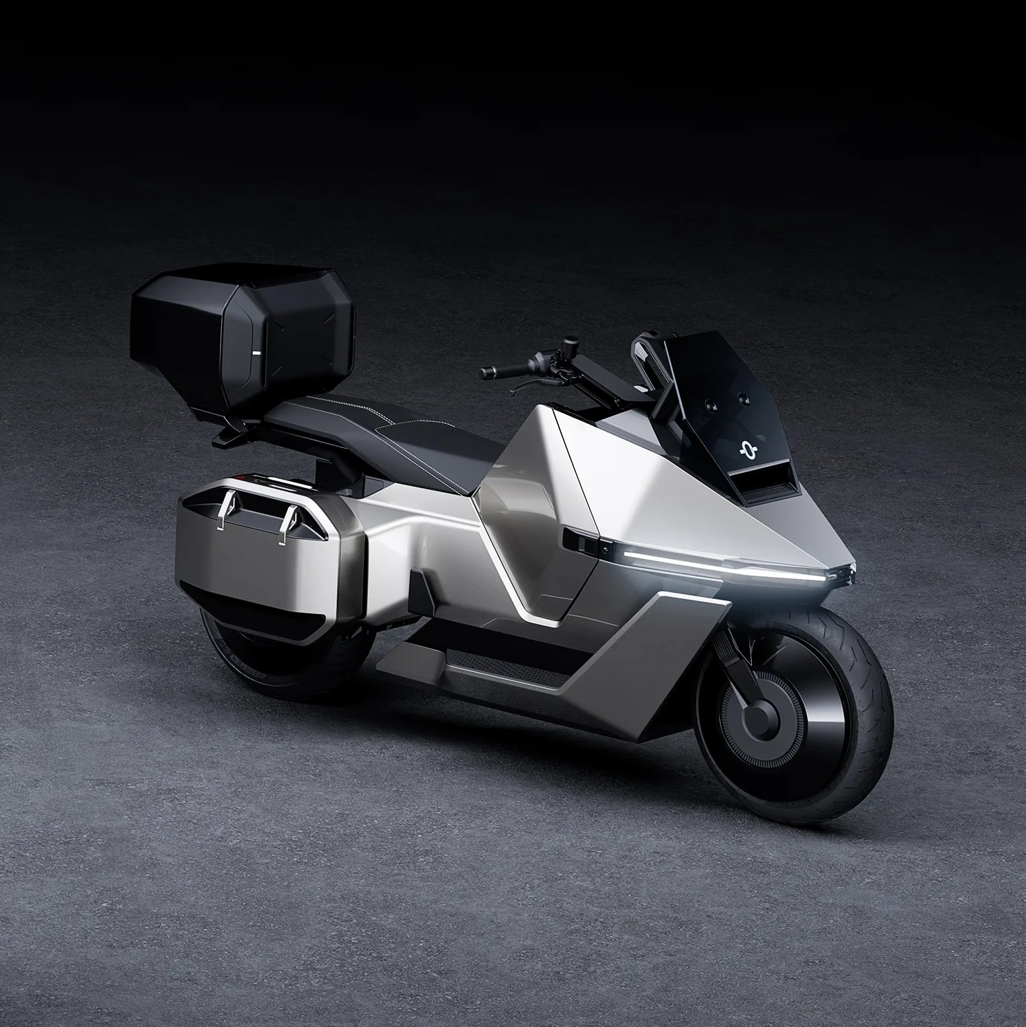Futuristic silver electric motorcycle with angular design, black seat, and storage compartments on a dark floor.