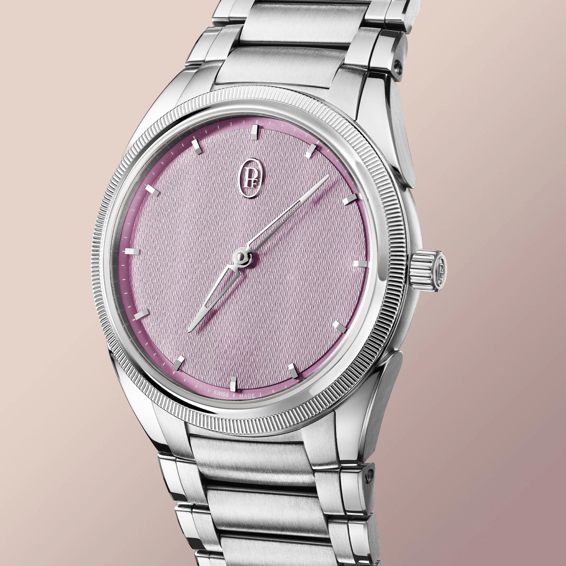 Silver stainless steel wristwatch with textured pink dial and silver hour markers and hands.