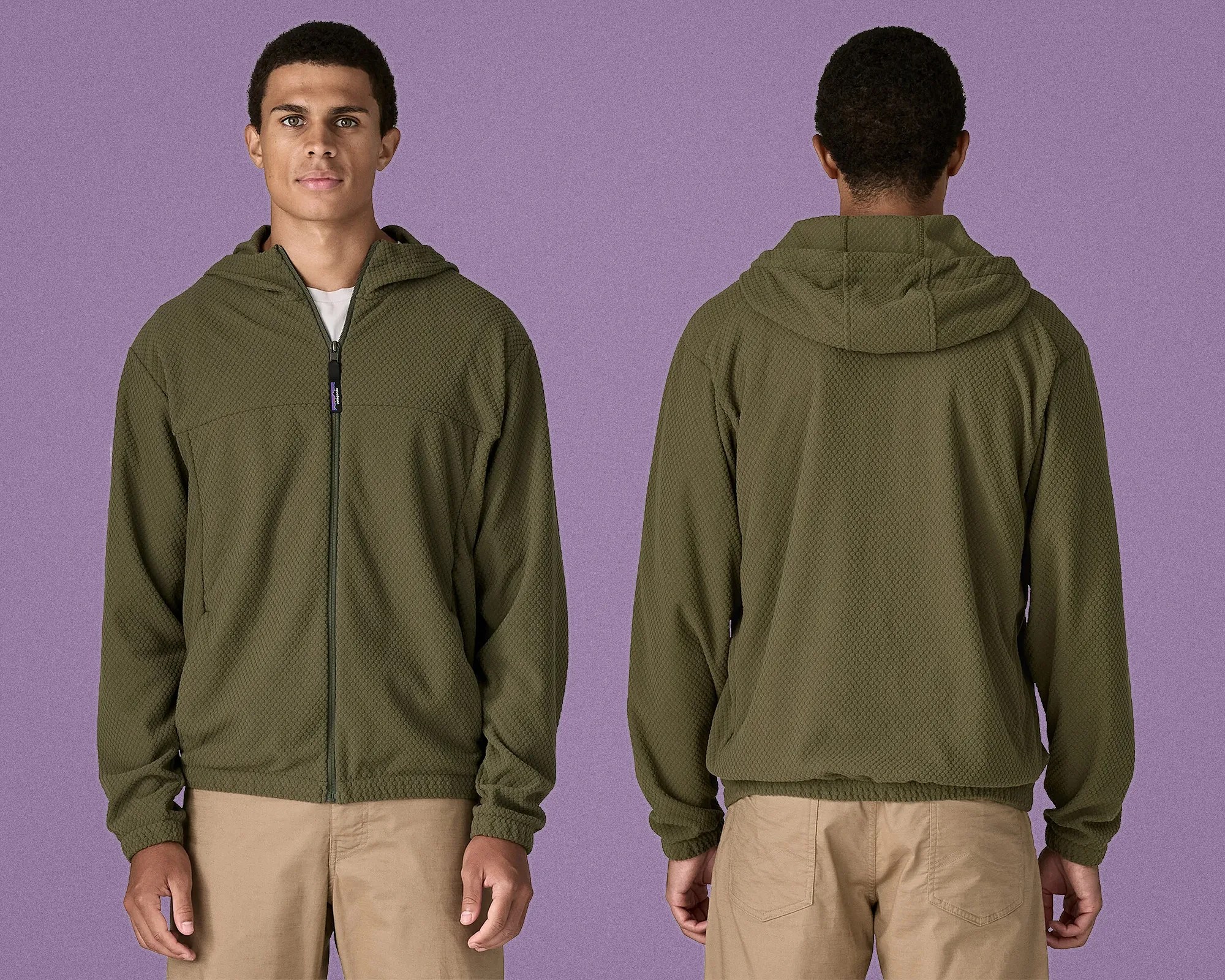 Olive green textured zip-up hoodie with elastic cuffs and hem worn by a person, front and back views.