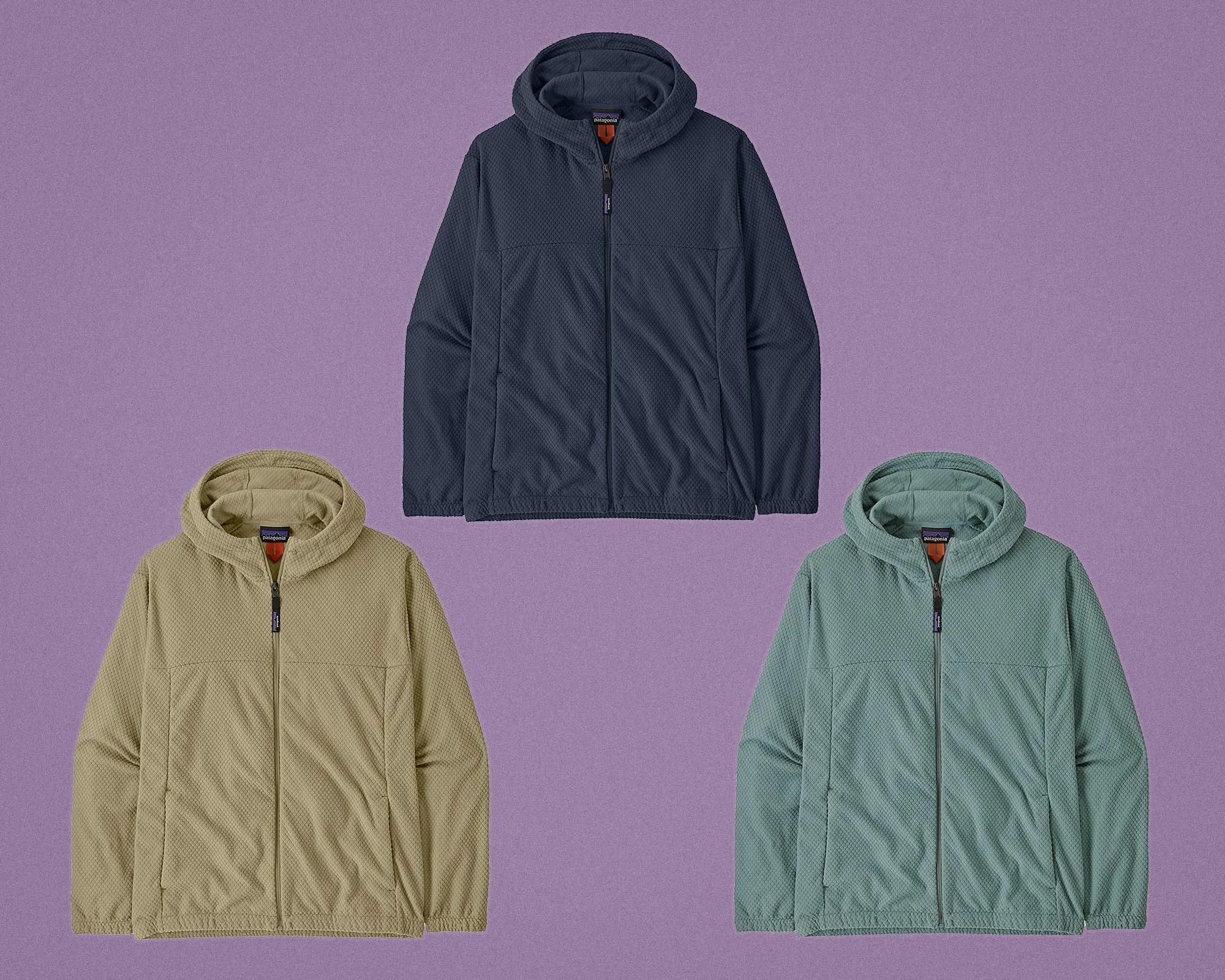 Three Patagonia hooded jackets in navy blue, olive green, and muted teal, displayed on a purple background.