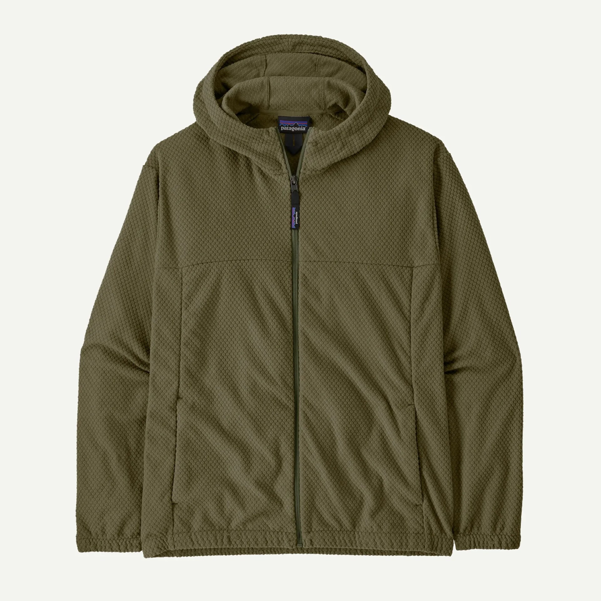 Olive green textured fleece zip-up hoodie with elastic cuffs and front pockets.