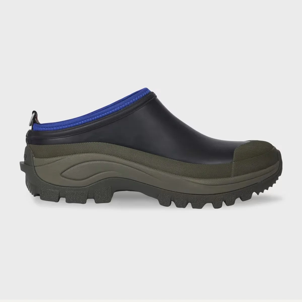 Black and olive green slip-on rubber clog with blue neoprene collar and rugged sole.