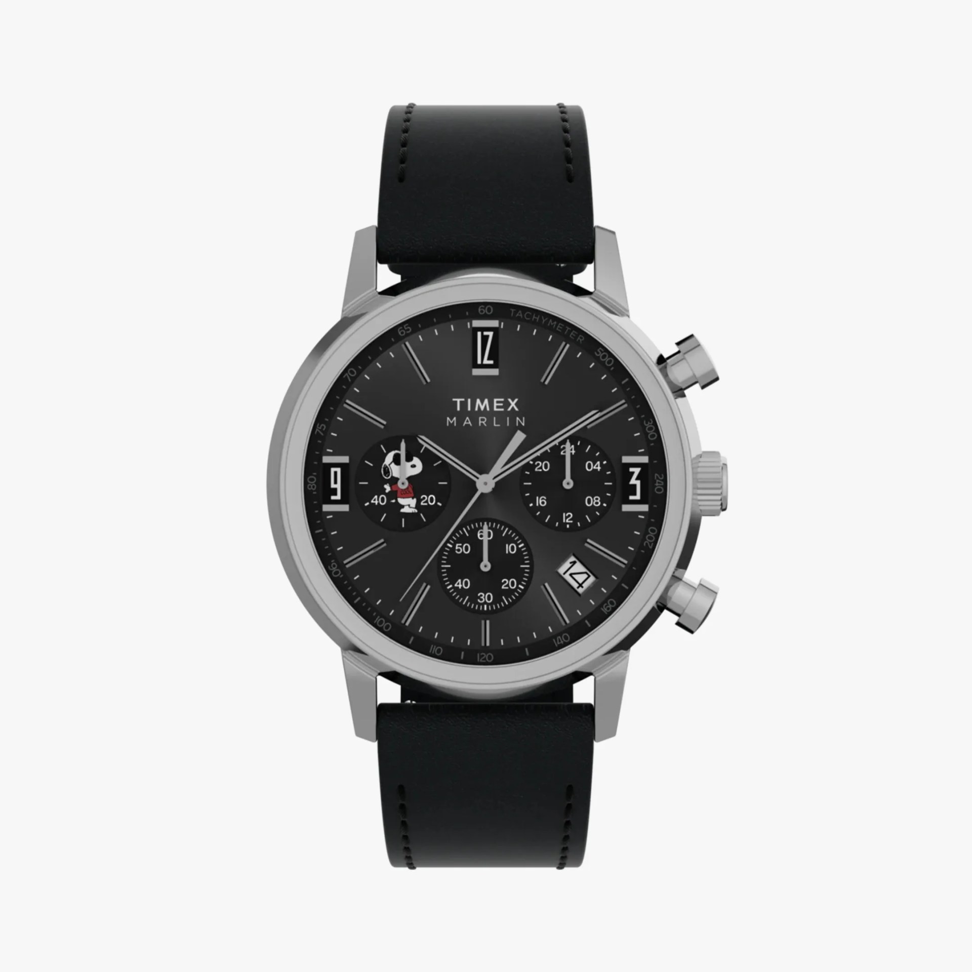 Black Timex Marlin chronograph watch with silver case, black leather strap, and Snoopy character on subdial.