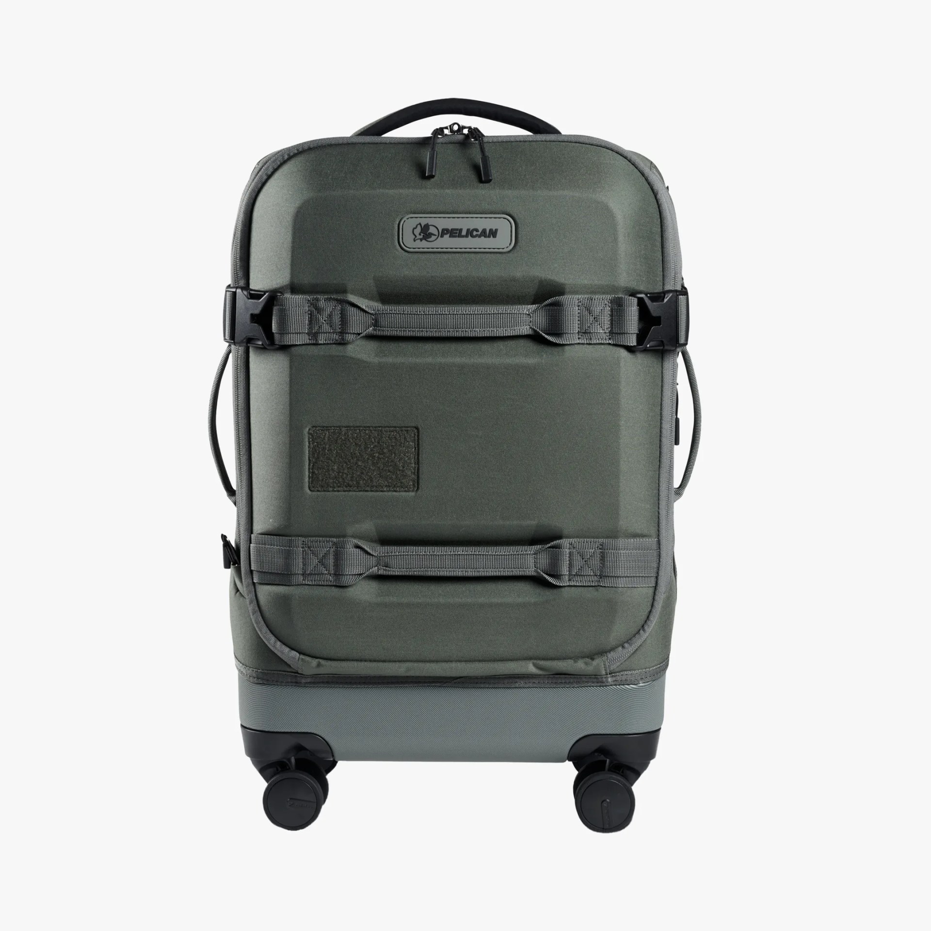 Olive green Pelican hard-shell suitcase with black straps and four black spinner wheels.