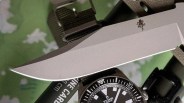 Knife blade with an octopus logo above a Tudor watch face with a black strap.