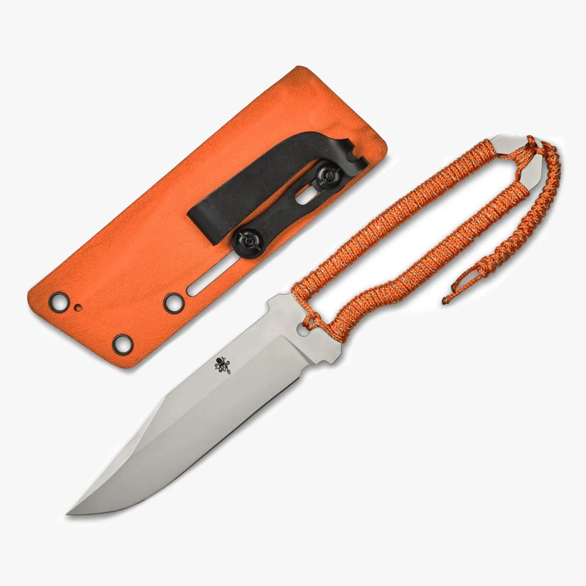 Fixed-blade knife with a silver blade and orange paracord-wrapped handle next to an orange sheath with a black clip.