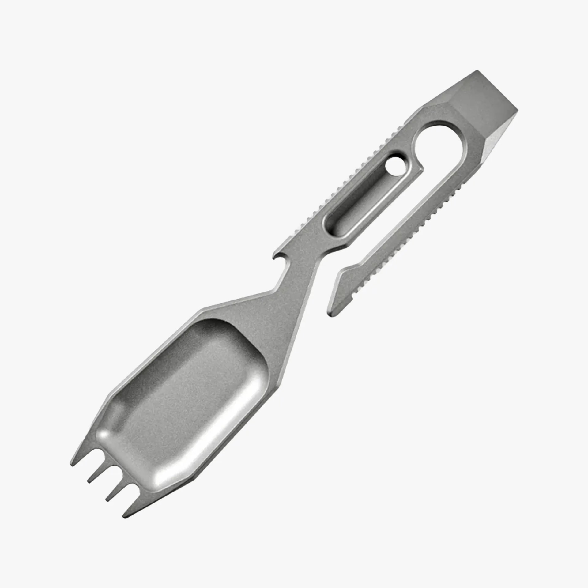 Compact silver multi-tool with a spoon, fork, bottle opener, and pry bar features.