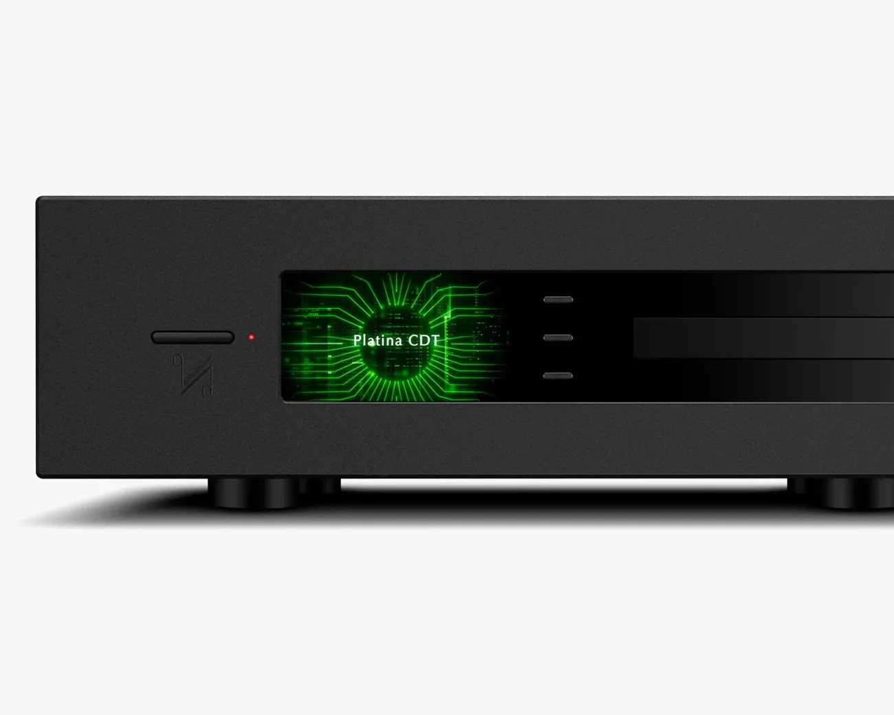 Front view of a black audio device with a green digital display reading "Platina CDT" and a small red indicator light.