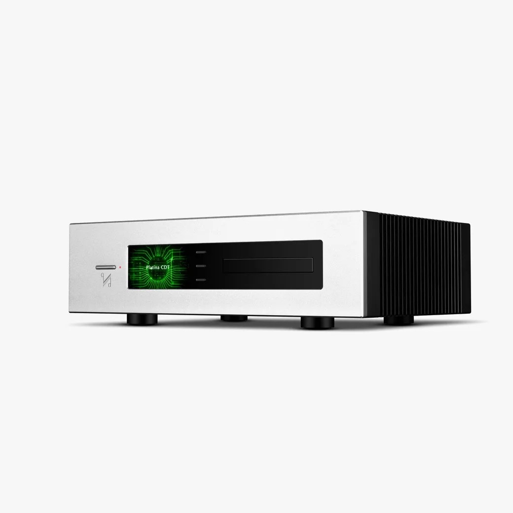 Silver and black audio CD player with a digital display showing "Platina CD1" and ventilation fins on the side.