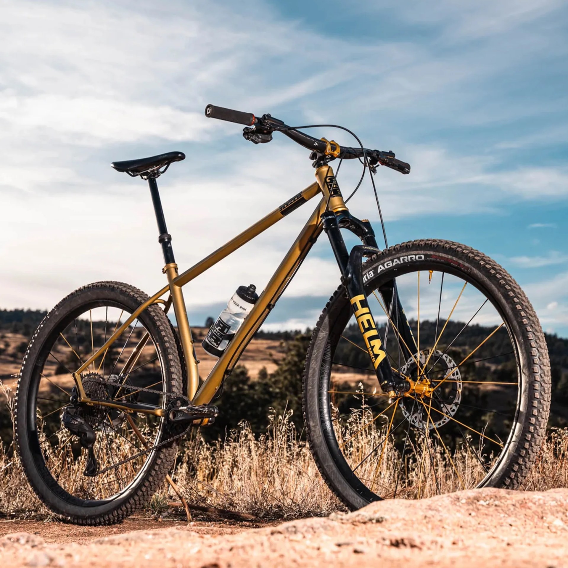 Gold mountain bike with black front suspension fork labeled "HELM" and knobby tires on a dirt trail.