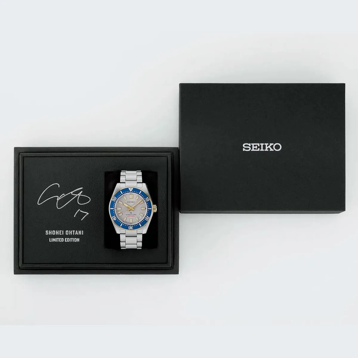 Seiko Shohei Ohtani limited edition silver watch with blue bezel in black presentation box.
