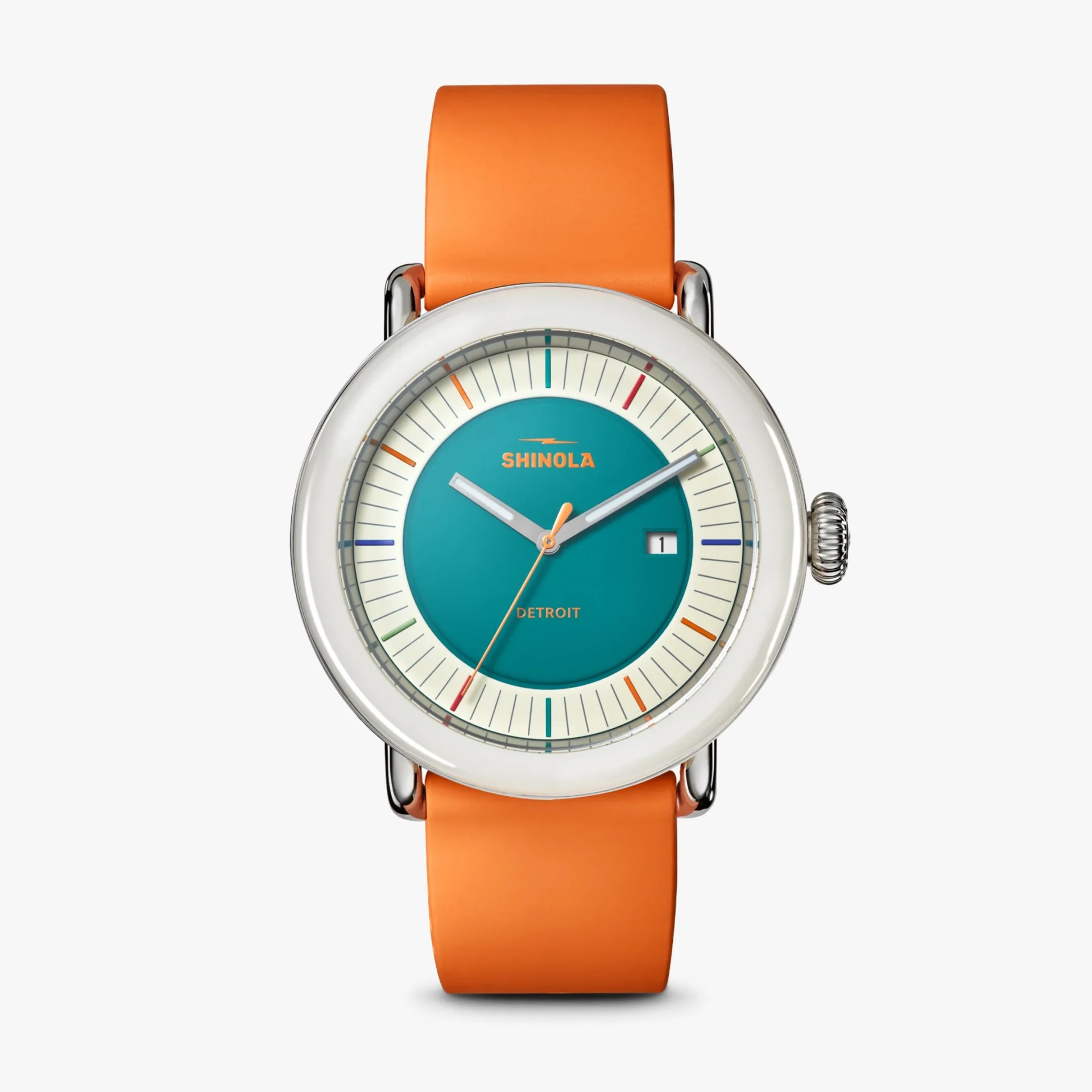 Round silver watch with teal dial, multicolor markers, date window, and orange silicone strap.
