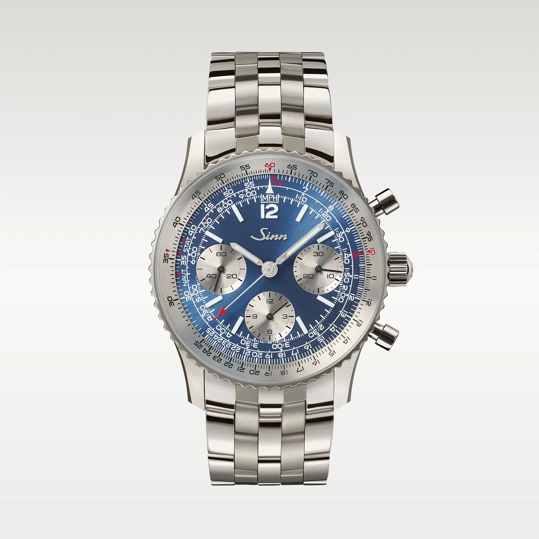 Stainless steel Sinn chronograph watch with blue dial and three silver subdials on a metal bracelet.