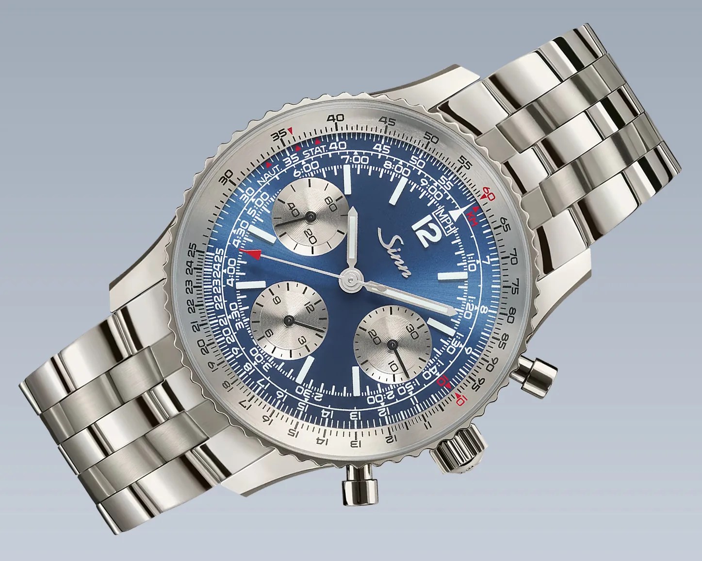 Stainless steel chronograph wristwatch with blue dial and three silver subdials on a metal bracelet.