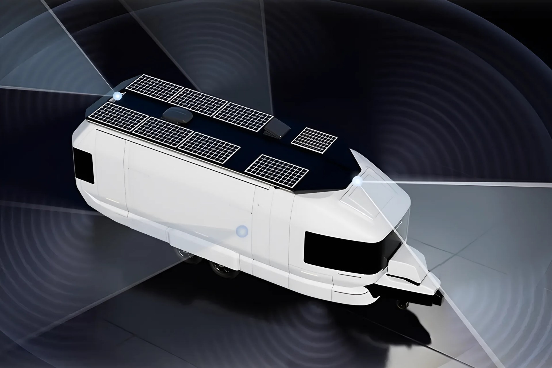 White autonomous electric truck with solar panels on the roof and sensor detection zones around it.