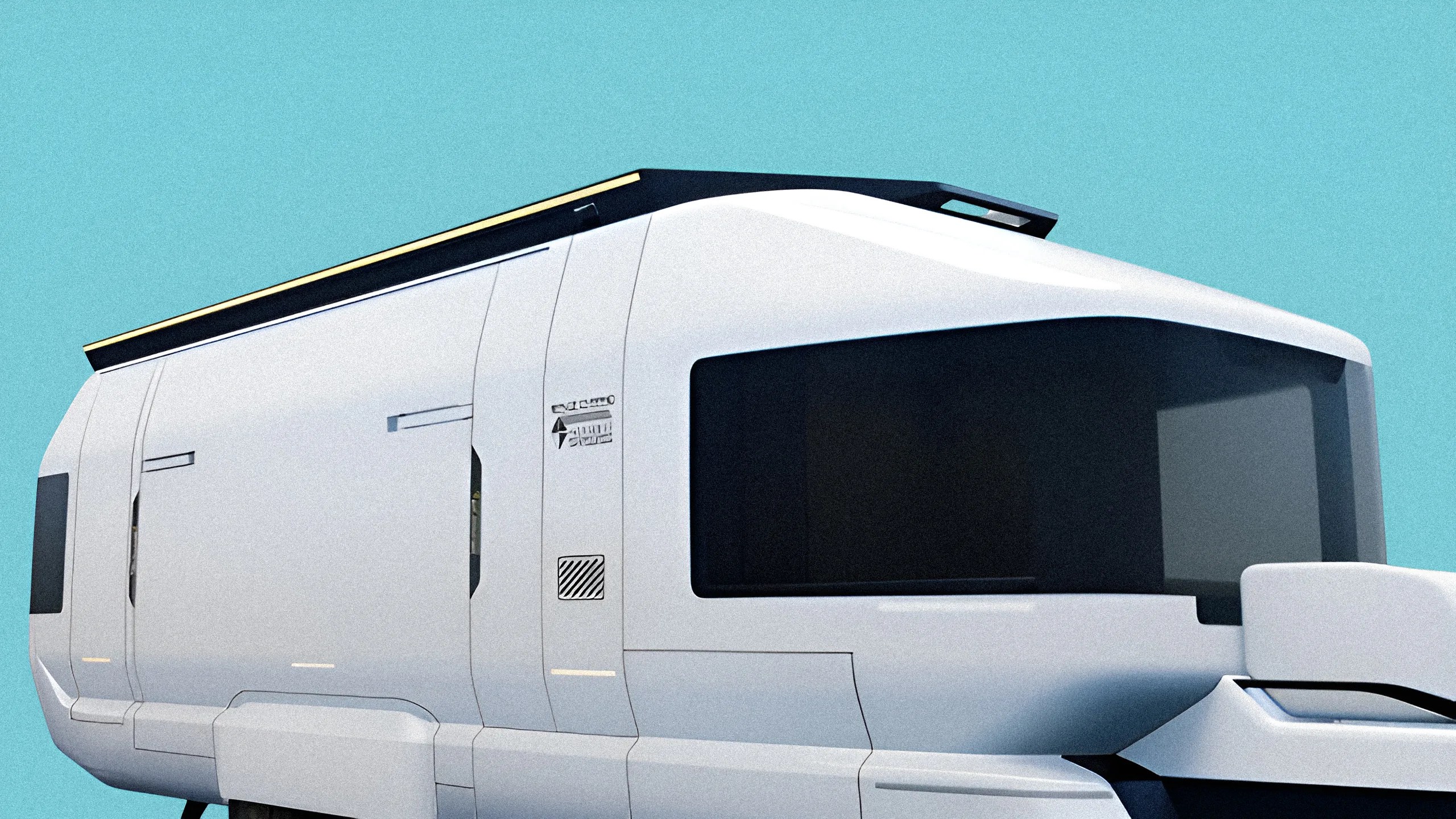 Futuristic white vehicle with large tinted front window and sleek angular design against a blue sky.