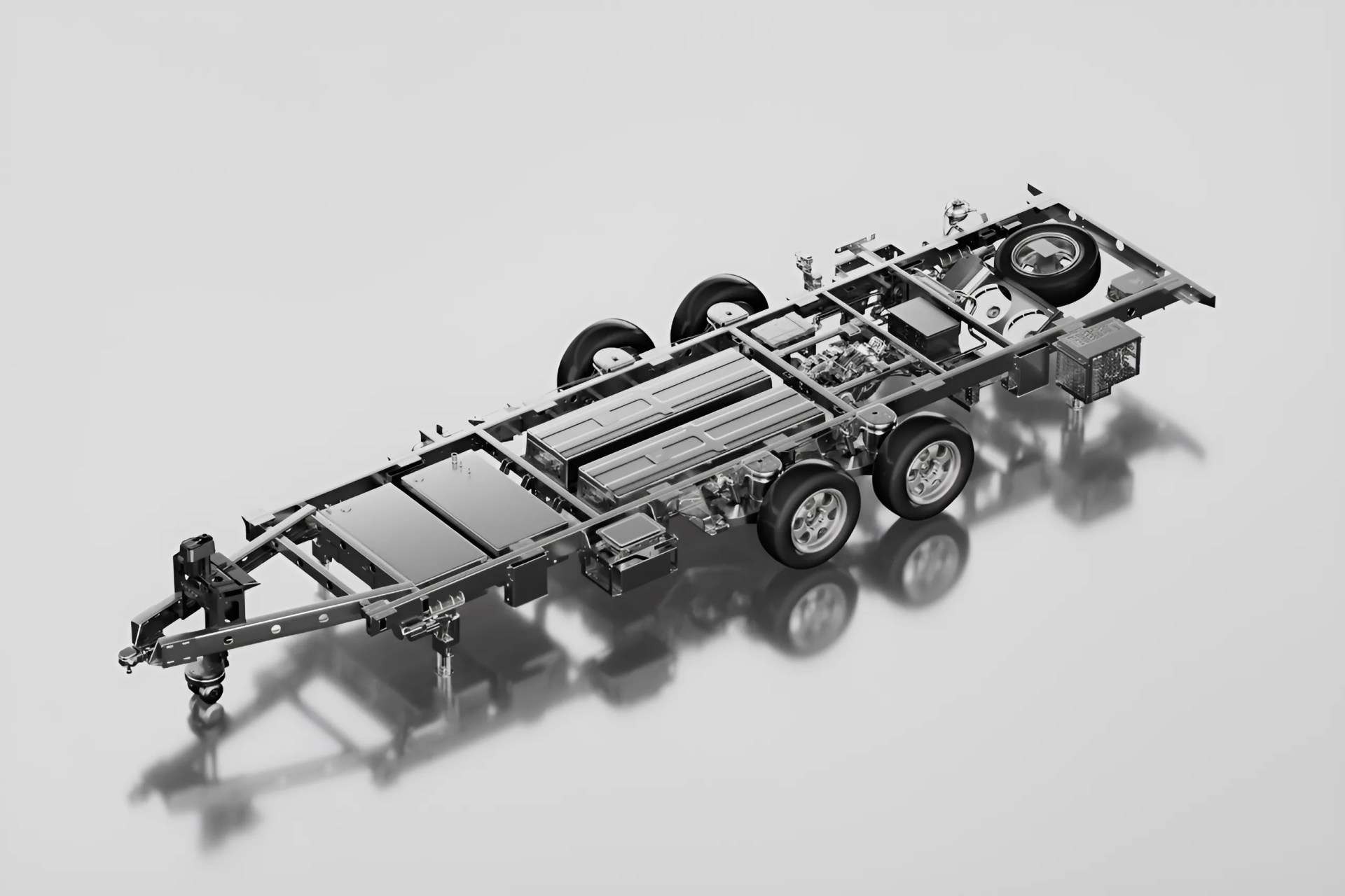 Electric vehicle chassis with six wheels and visible battery packs and mechanical components on a reflective surface.