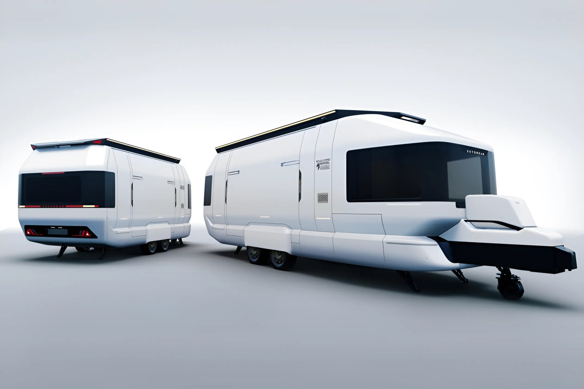 Two sleek, white futuristic travel trailers with large tinted windows and black accents on a plain light background.