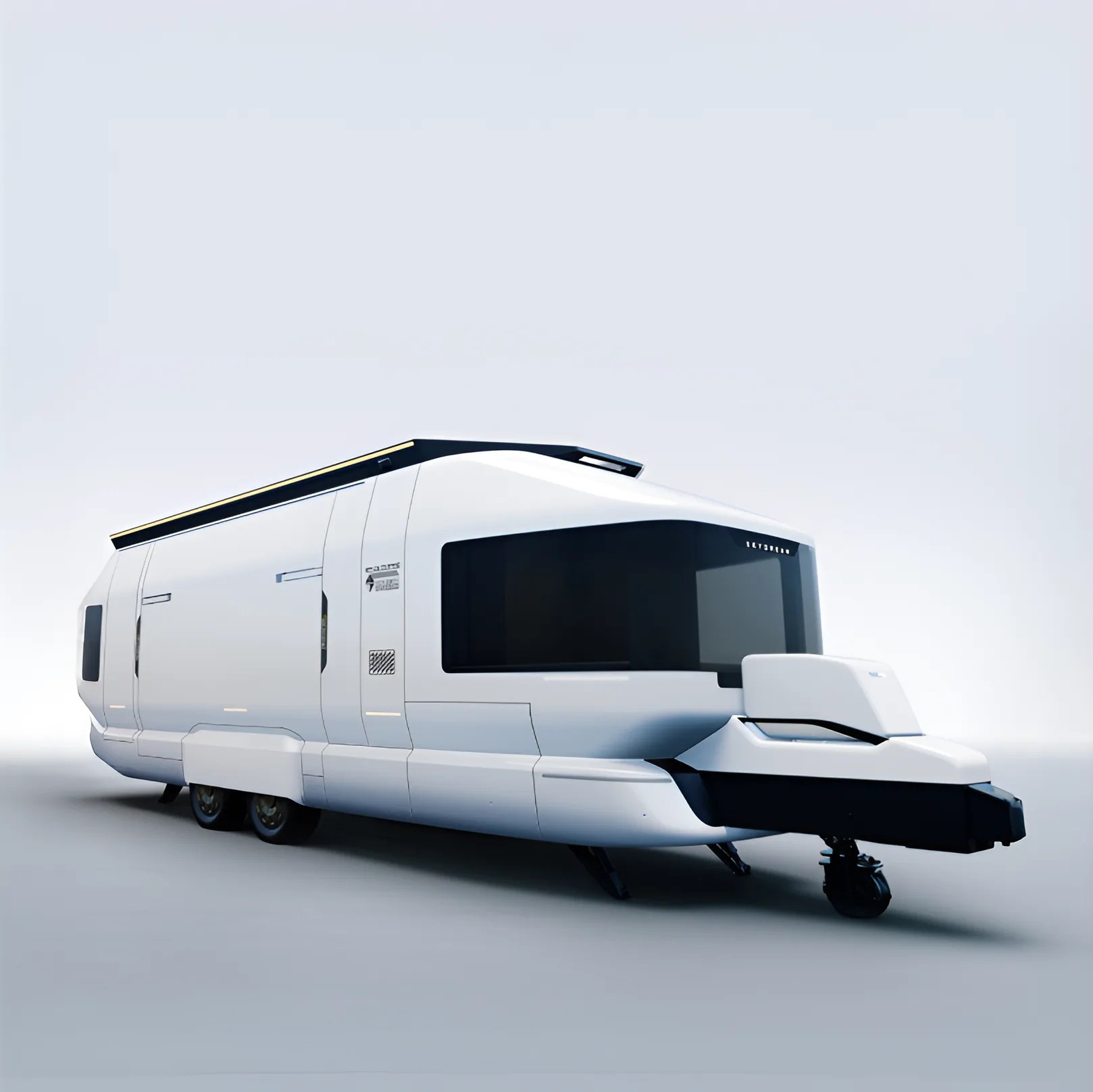 Sleek white futuristic camper trailer with large tinted front window and black accents on a plain background.