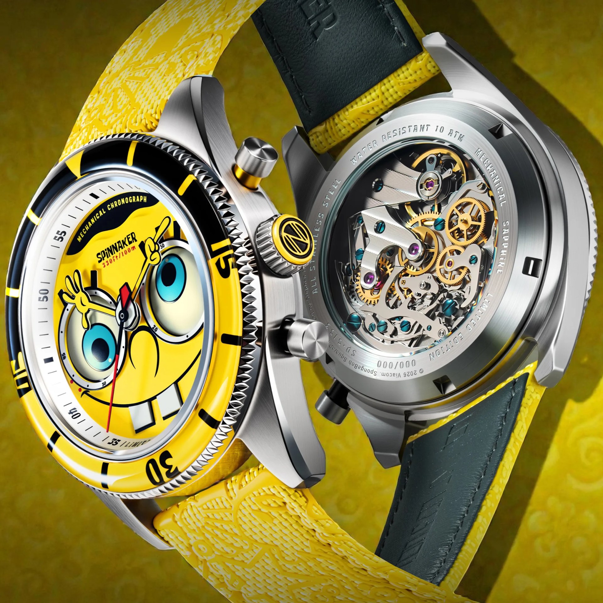 Yellow SpongeBob-themed mechanical chronograph watch with stainless steel case and yellow textured strap.