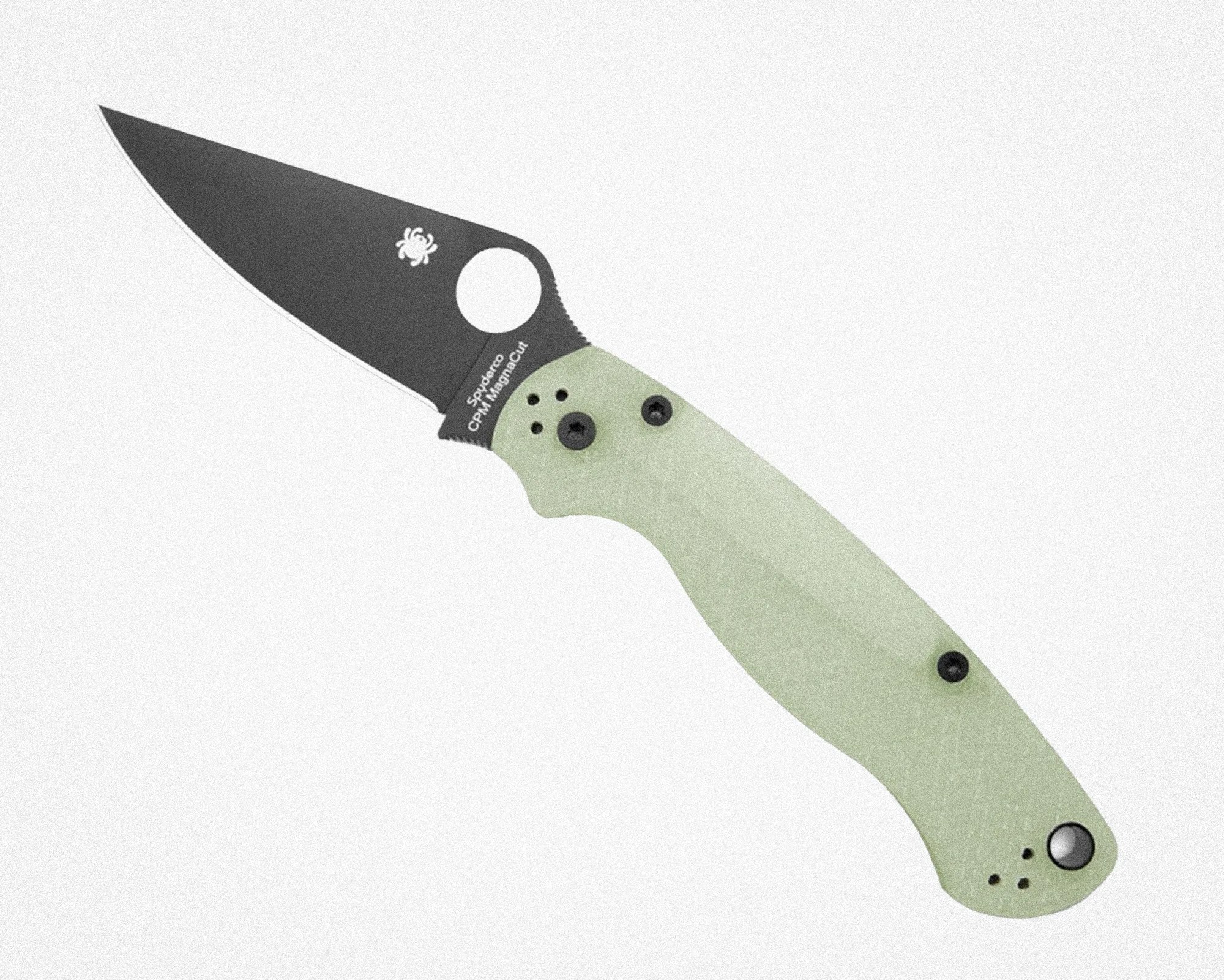 Folding knife with black blade and light green textured handle, featuring Spyderco logo and CPM M4 steel marking.