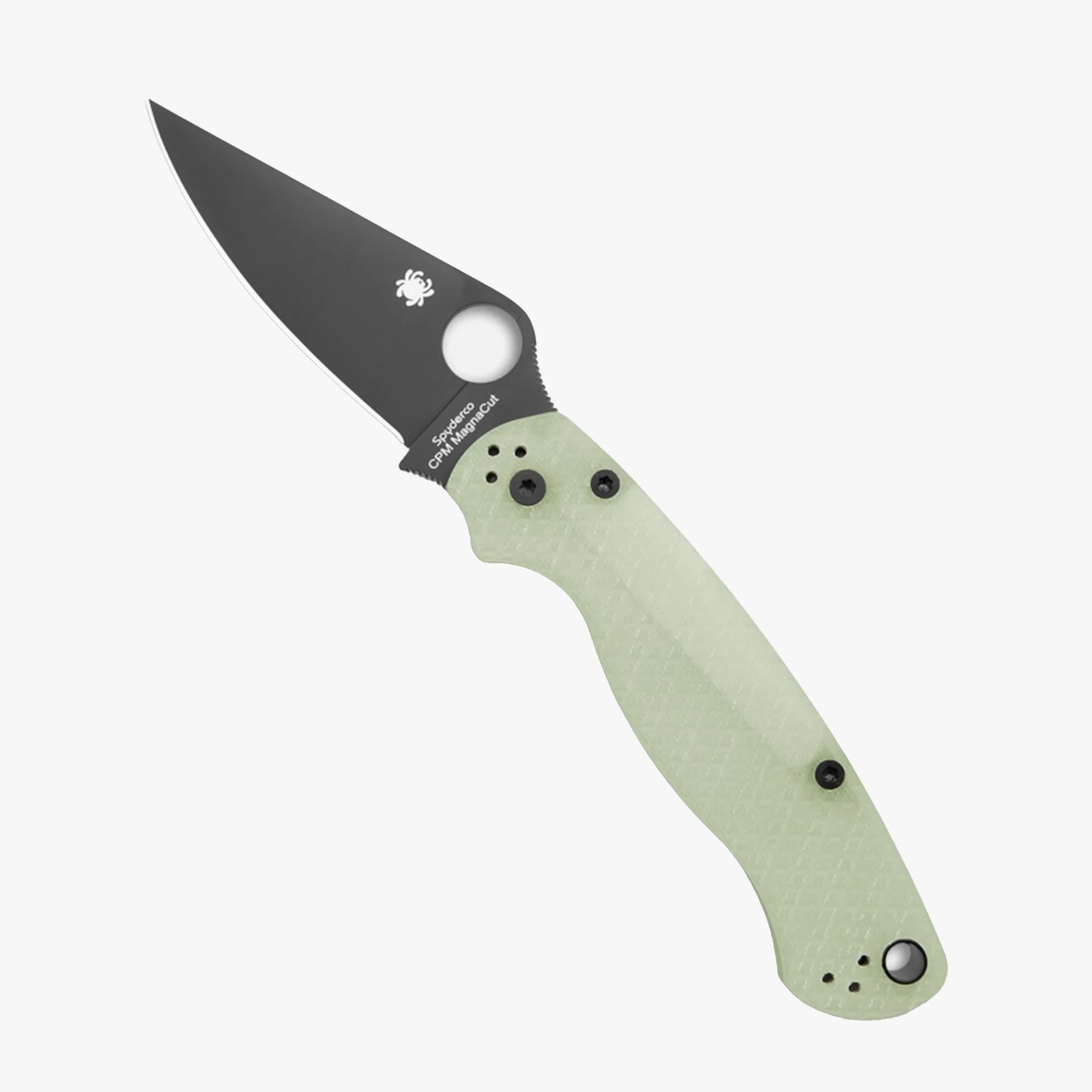 Folding knife with black blade and light green textured handle.