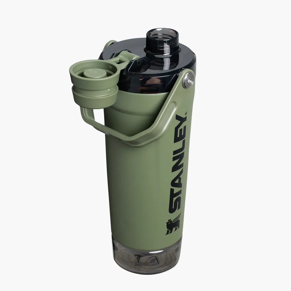 Green Stanley water bottle with black lid and carrying handle, featuring a clear bottom section.
