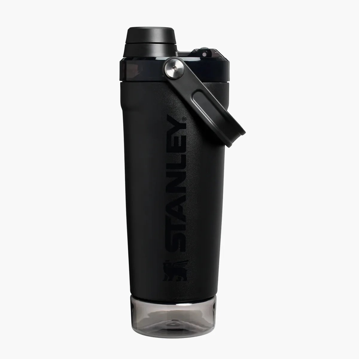 Black Stanley insulated bottle with a black handle and transparent base.