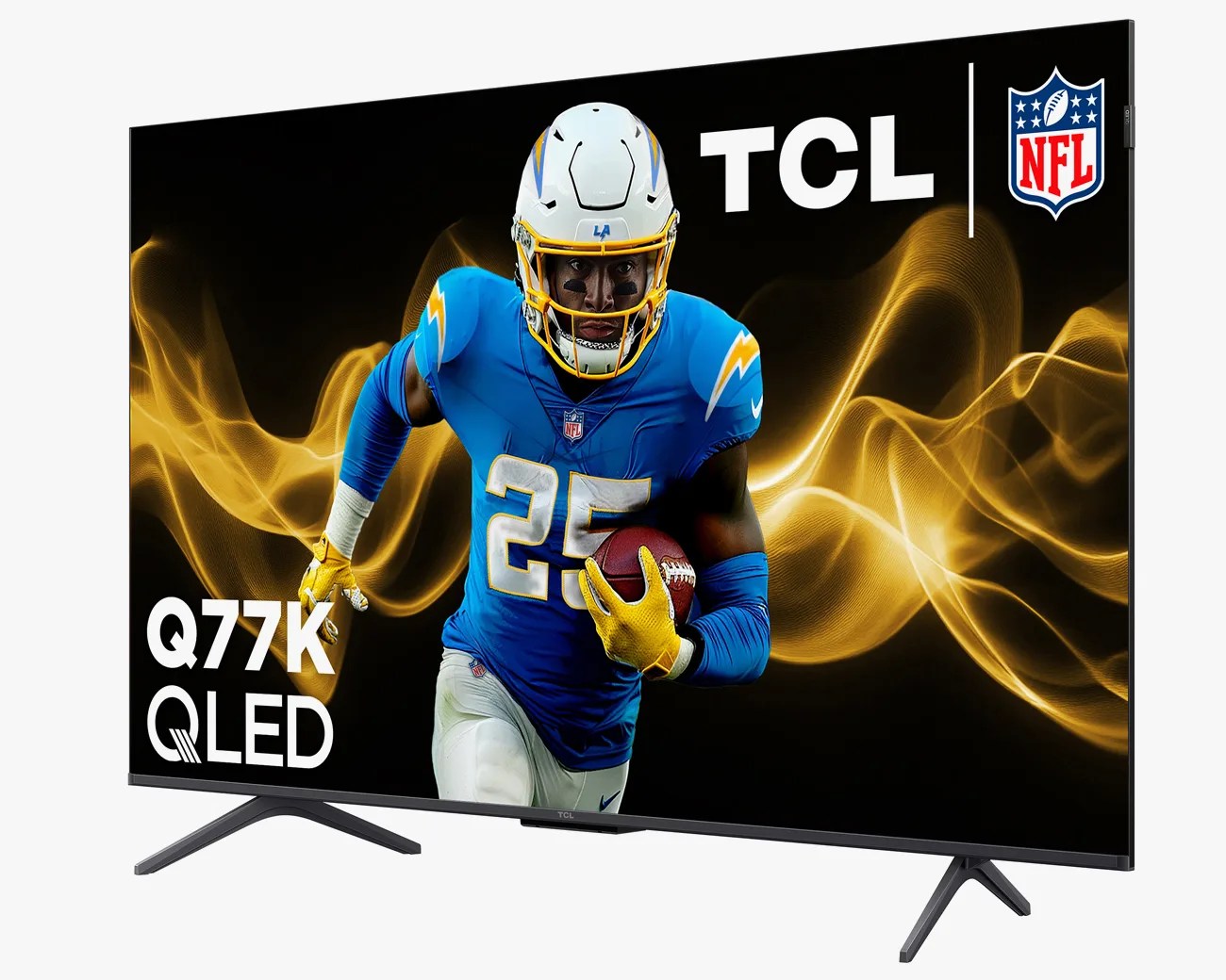 TCL Q77K QLED TV displaying a football player in blue and white uniform with NFL logo on screen.
