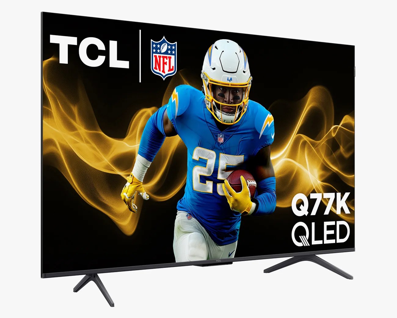 TCL Q77K QLED TV displaying an NFL football player in blue and white uniform running with a football.