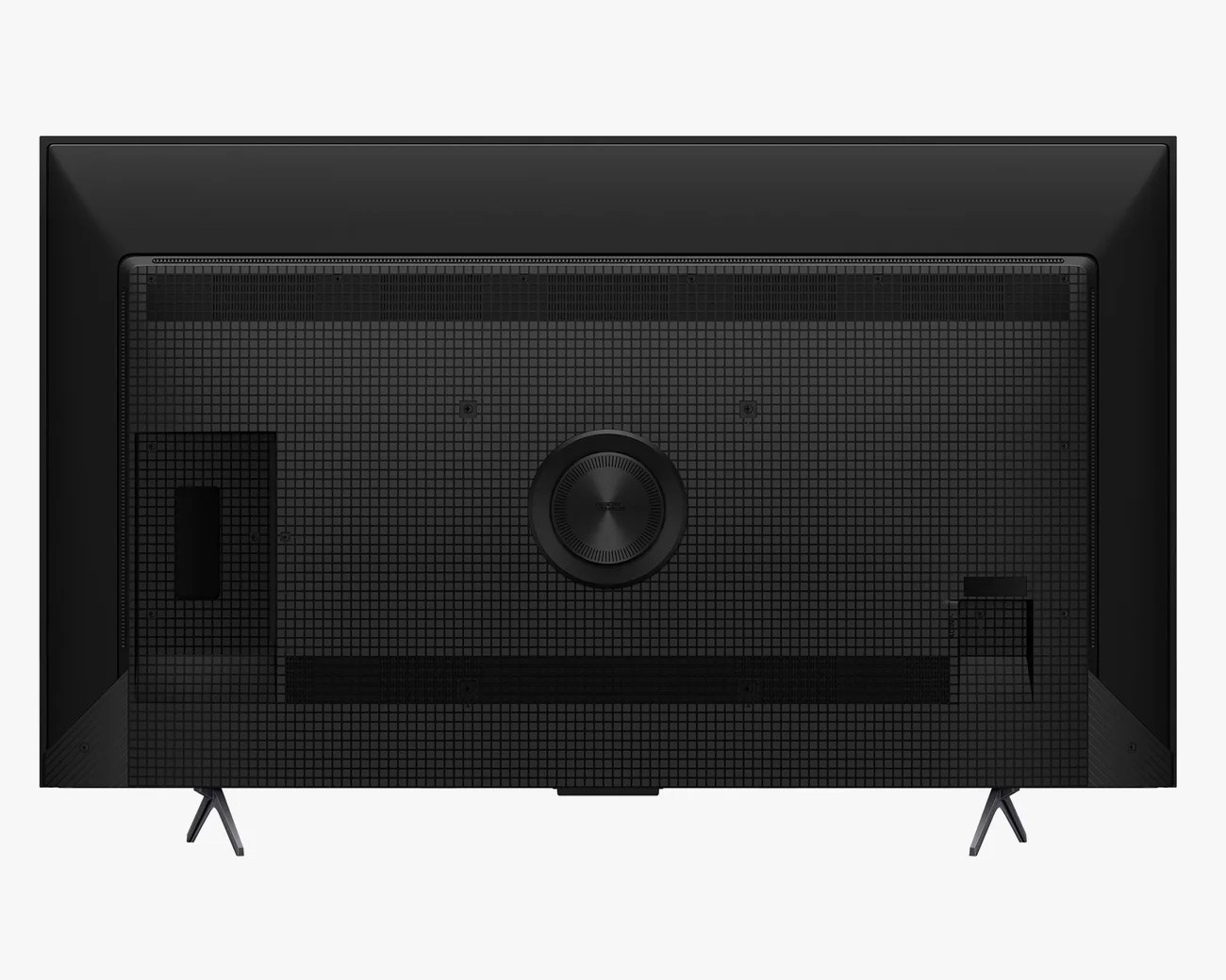 Rear view of a black flat-screen TV with a grid pattern and two angled legs.
