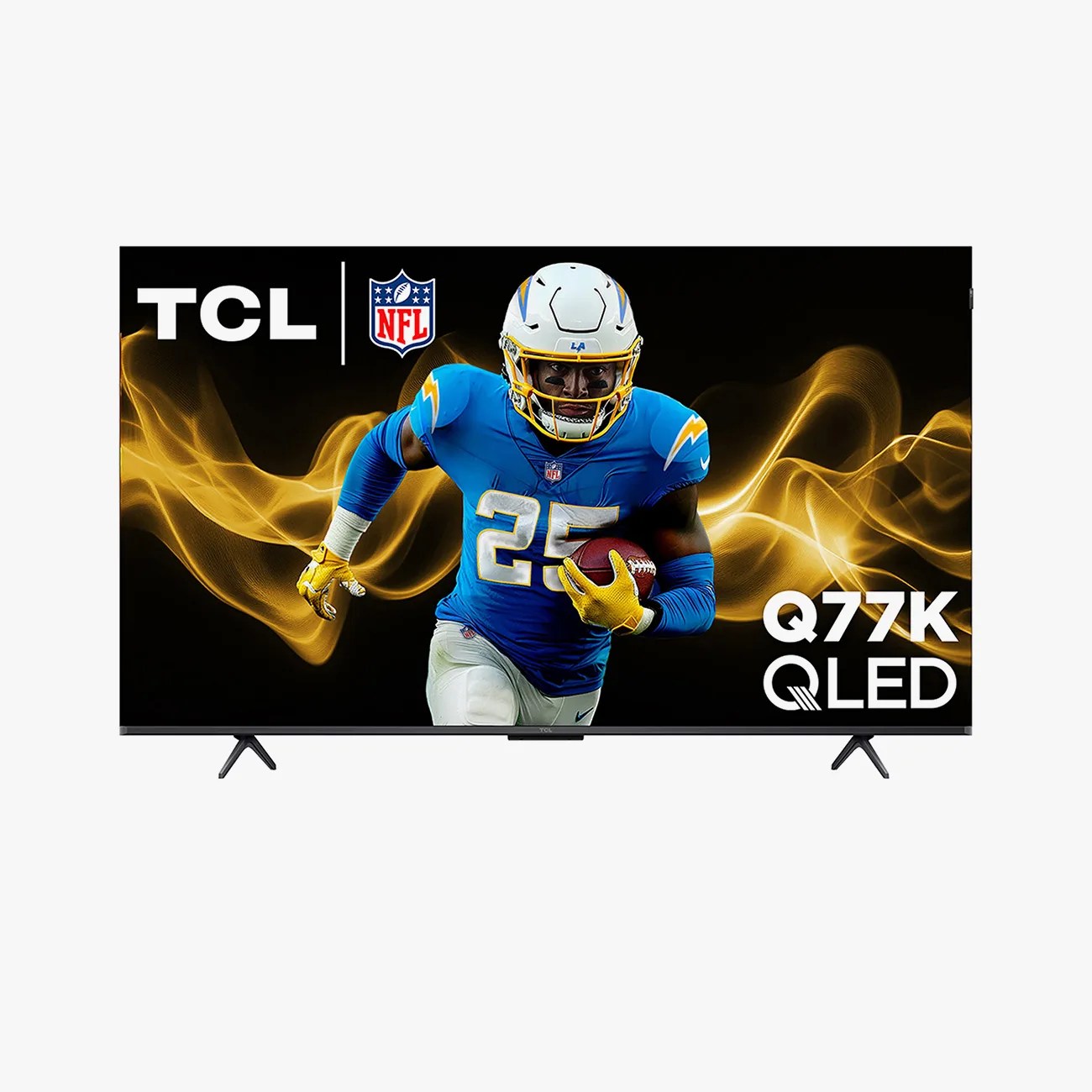 TCL Q77K QLED TV displaying a football player in blue and white uniform running with a football.