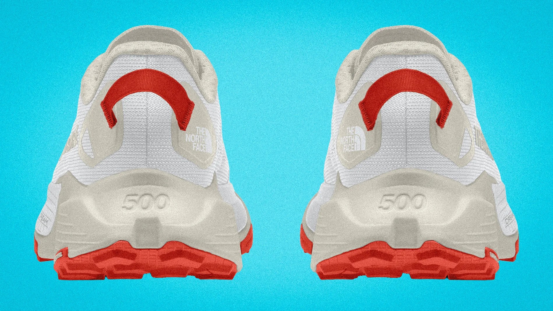 Pair of white and beige The North Face trail running shoes with red pull tabs and red soles shown from the back.