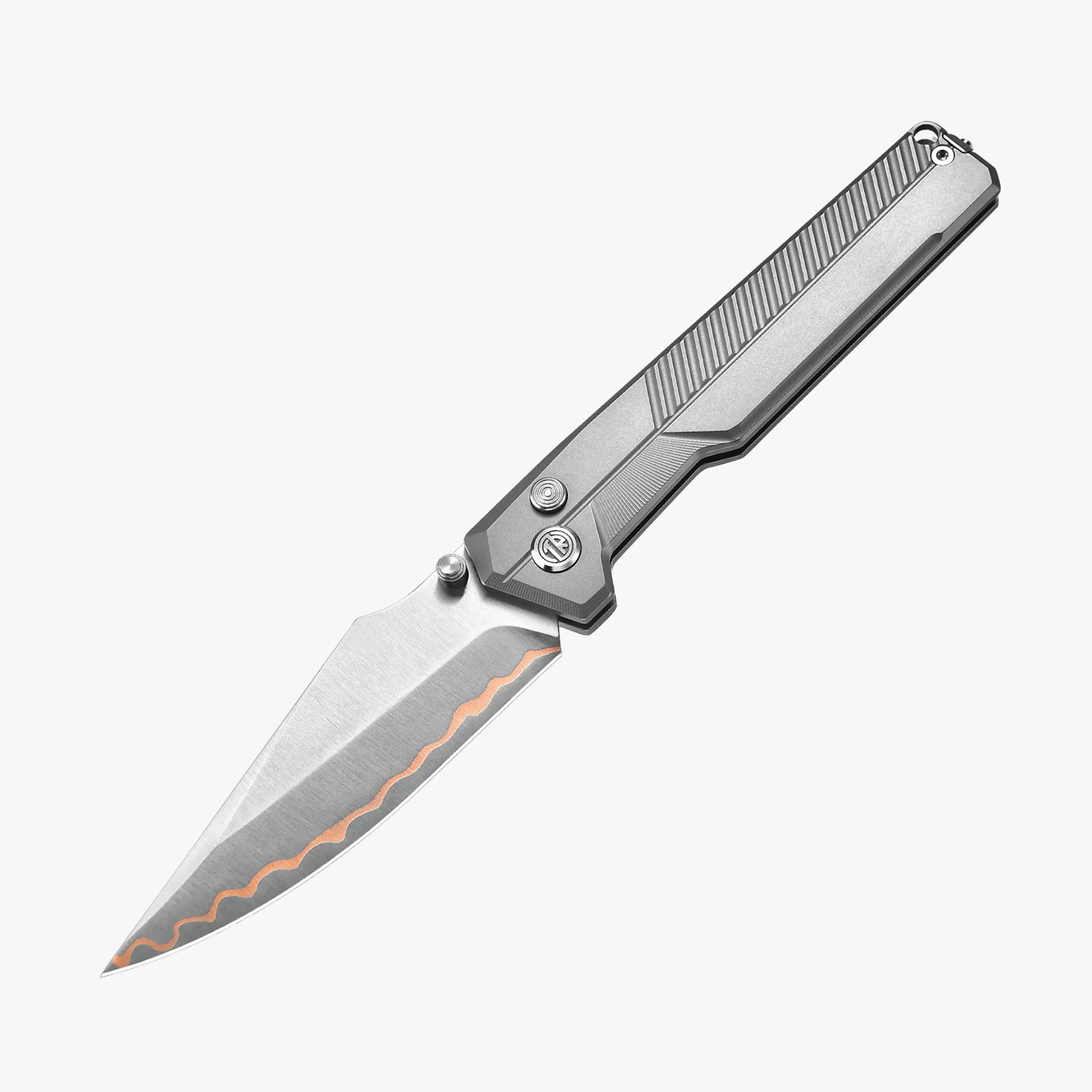 Folding knife with a silver blade featuring a wavy copper-colored pattern and a textured gray handle.