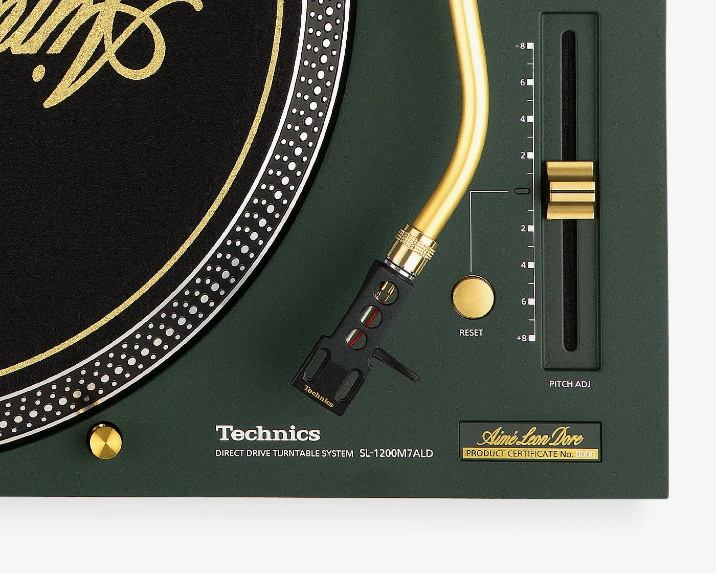 Close-up of a dark green Technics SL-1200M7ALD turntable with gold tonearm, pitch adjust slider, and reset button.