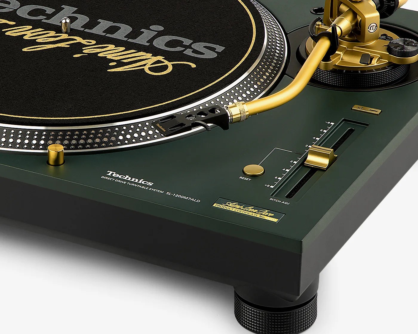Close-up of a dark green Technics SL-1200M7ALD turntable with gold tonearm and pitch adjustment slider.