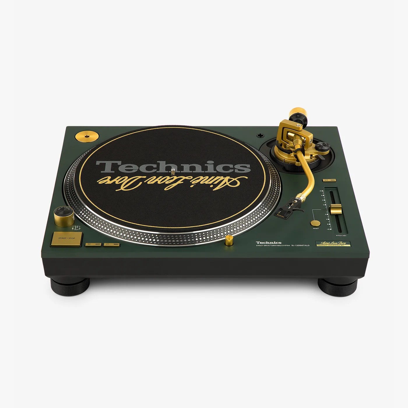 Technics SL-1200M7ALD turntable with dark green base and gold-tone tonearm and controls.