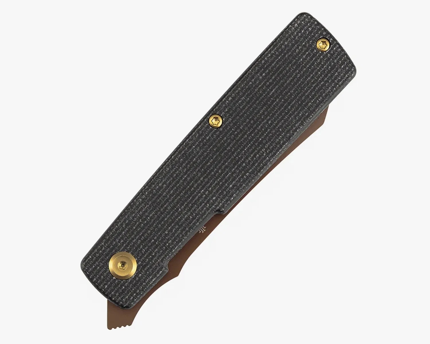 Closed black textured folding knife with bronze-colored blade and brass screws.