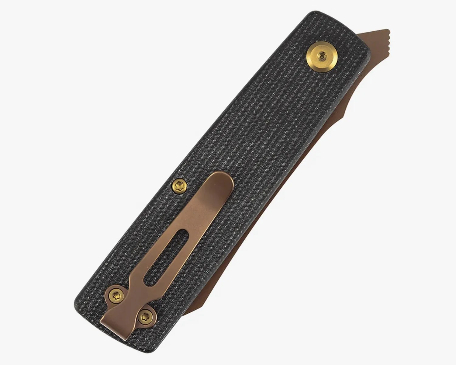 Black textured folding knife handle with bronze pocket clip and partially visible bronze blade.