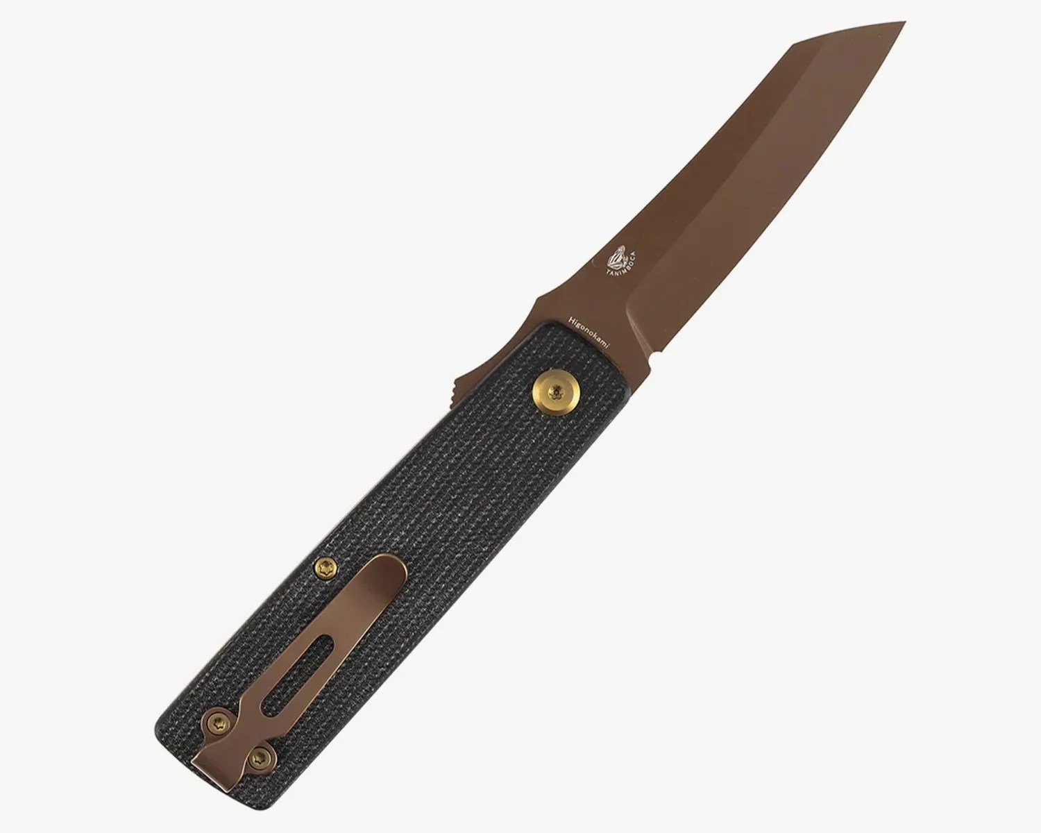 Folding knife with a brown tanto blade and textured black handle featuring a brown pocket clip.