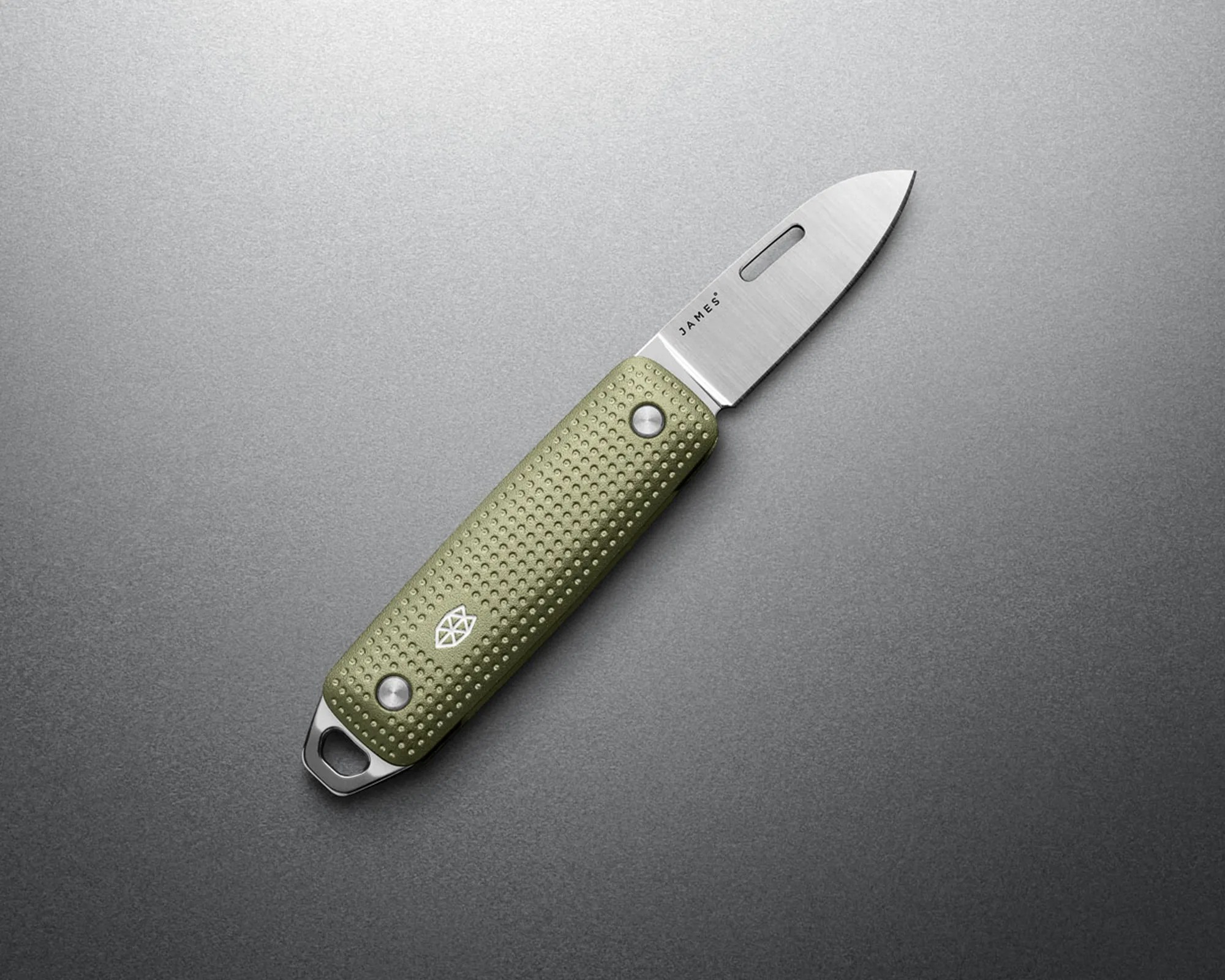 Folding knife with a textured olive green handle and a stainless steel blade marked "JAMES.