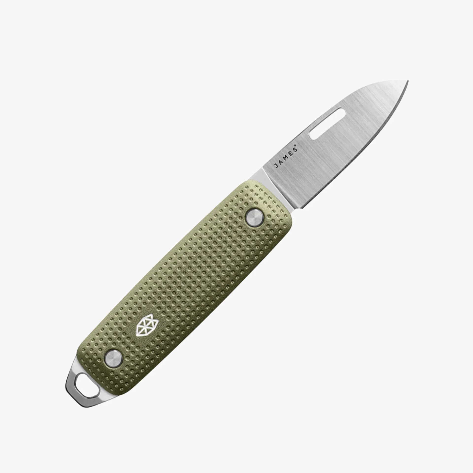 Compact folding knife with a textured olive green handle and a stainless steel blade marked "JAMES.