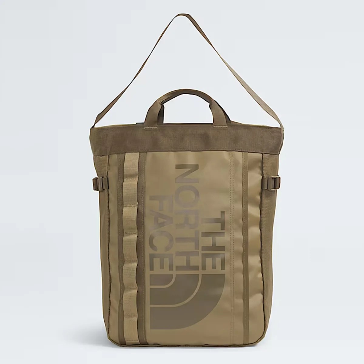 Tan rectangular tote bag with top handles, shoulder strap, and "The North Face" logo on front.