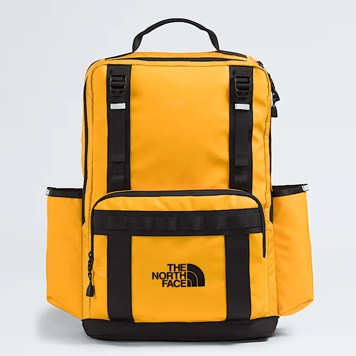 Yellow and black rectangular backpack with front zip pocket and The North Face logo.