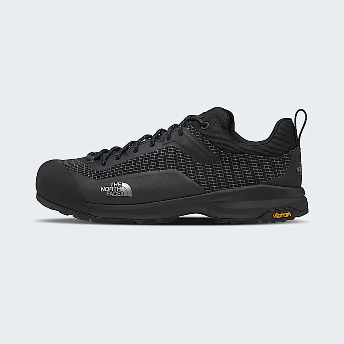 Black low-top hiking shoe with grid-patterned fabric and The North Face logo on the side.