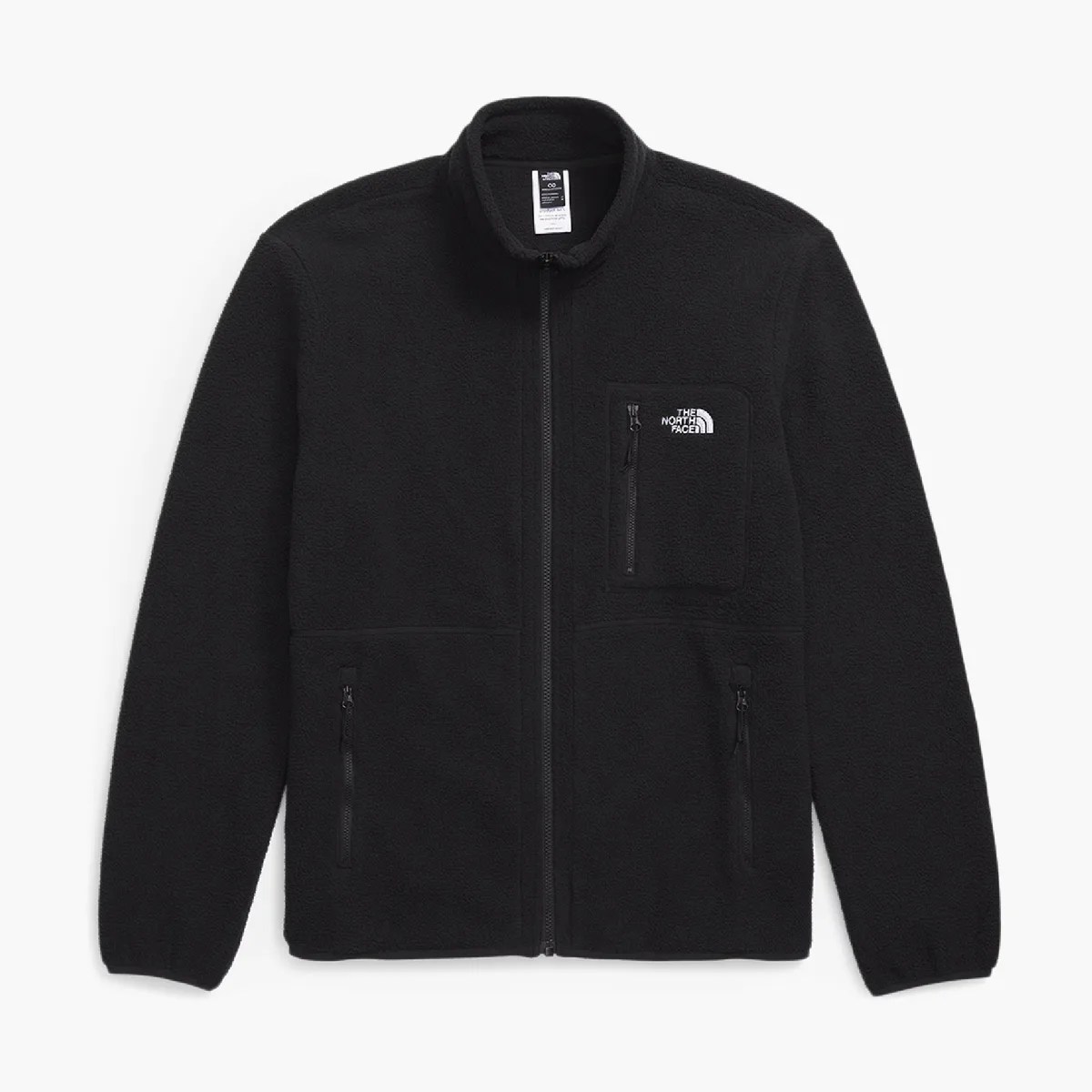 Black full-zip fleece jacket with zippered chest and side pockets and The North Face logo on the chest.