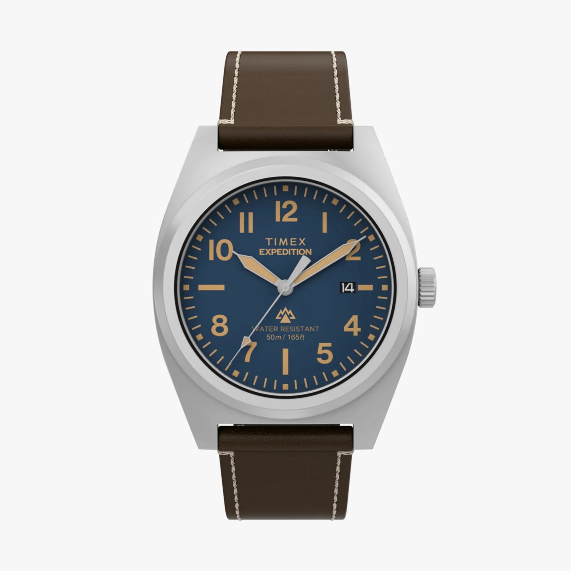 Timex Expedition watch with blue dial, tan numerals, silver case, and brown leather strap with white stitching.