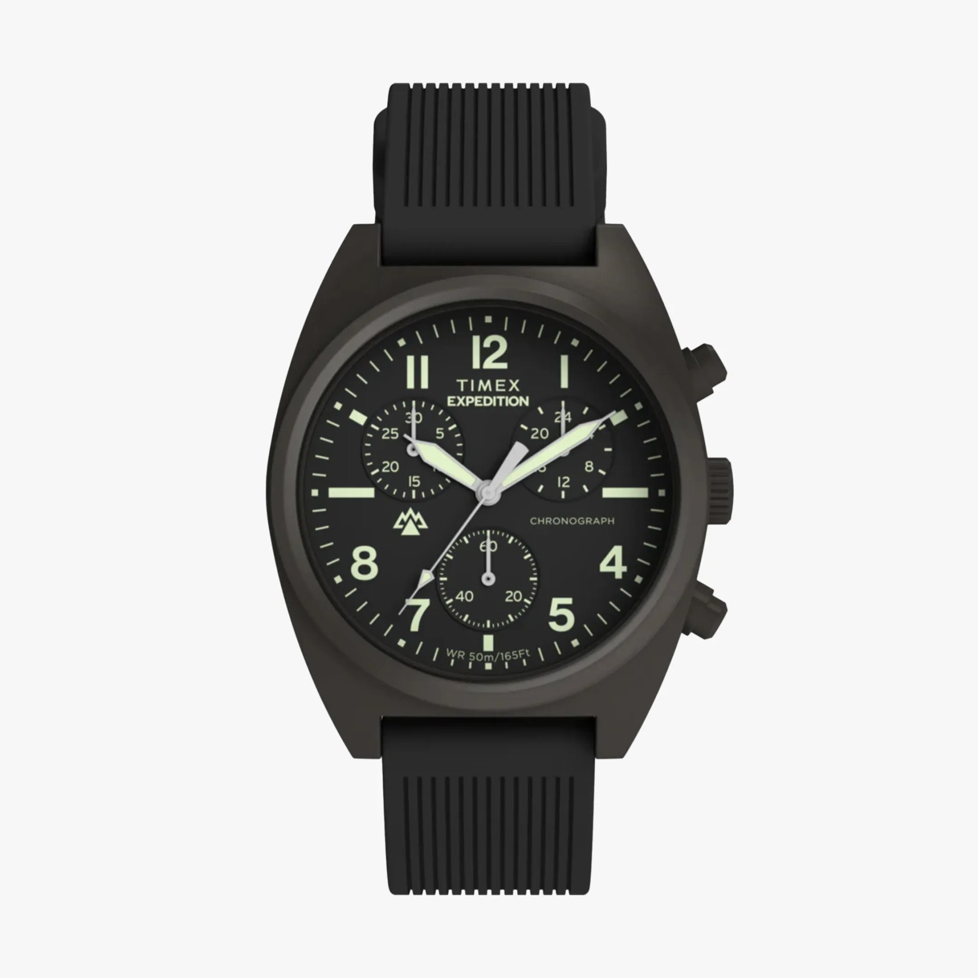 Black Timex Expedition chronograph watch with luminescent hands and black ribbed silicone strap.