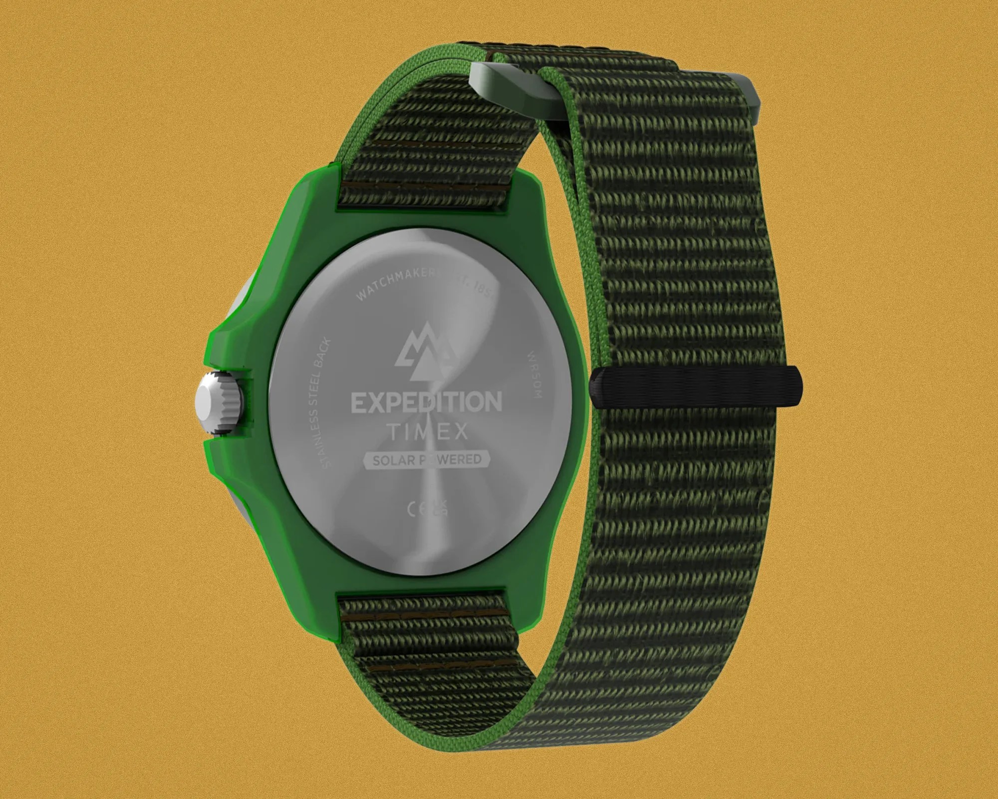 Green Timex Expedition watch with stainless steel back and dark green woven nylon strap.